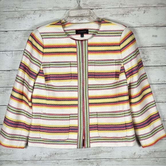 Talbots Ivory Acrylic Cotton Colorful Striped Textured Career Blazer Jacket 10 - Picture 1 of 7